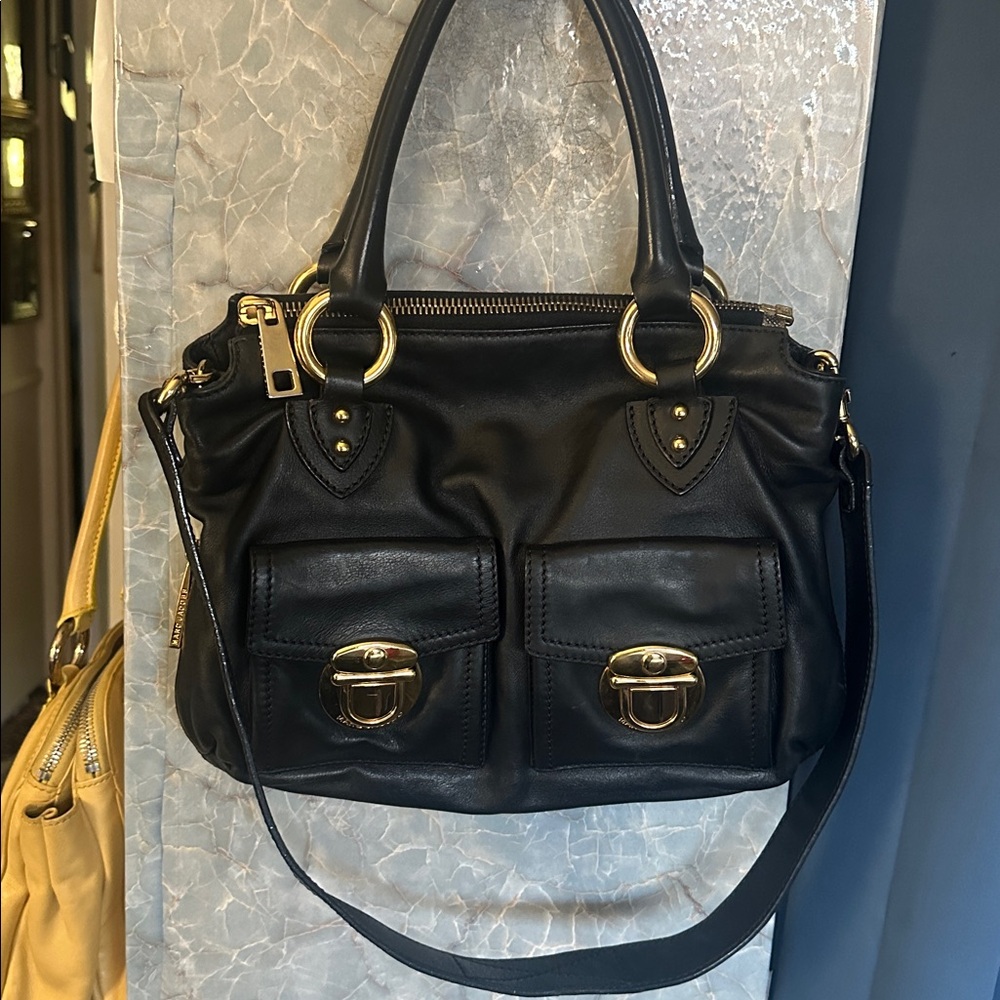 Marc Jacobs Black Leather Shoulder Bag with Gold Hardware